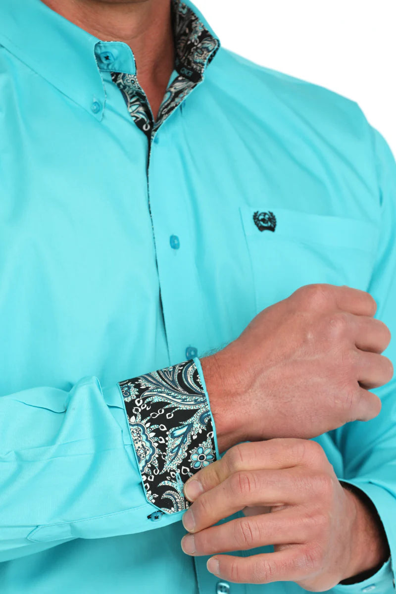 Mens Cinch Solid Turquoise Button Down Shirt with Paisley Contrast Cuffs