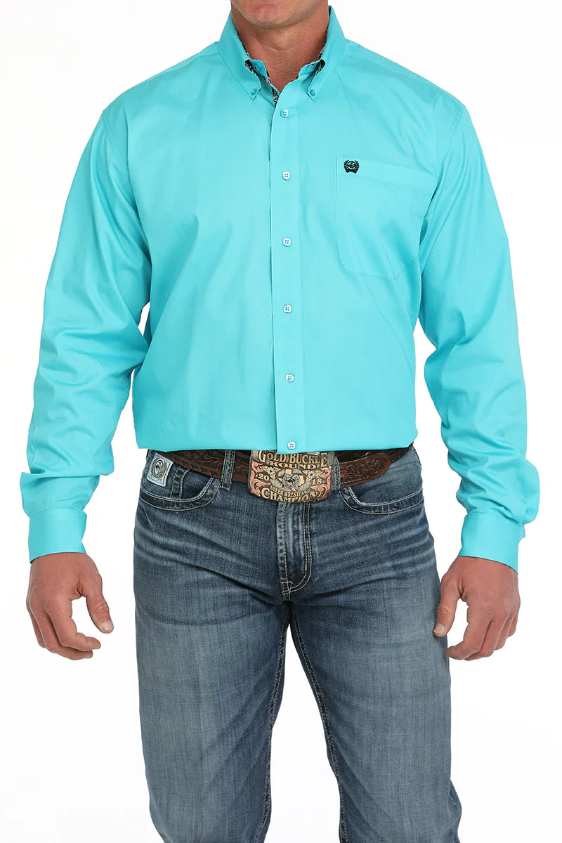 Mens Cinch Solid Turquoise Button Down Shirt with Paisley Contrast Cuffs