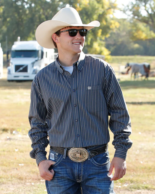 Mens Cinch Classic Fit Striped Button Down Western Shirt - Charcoal