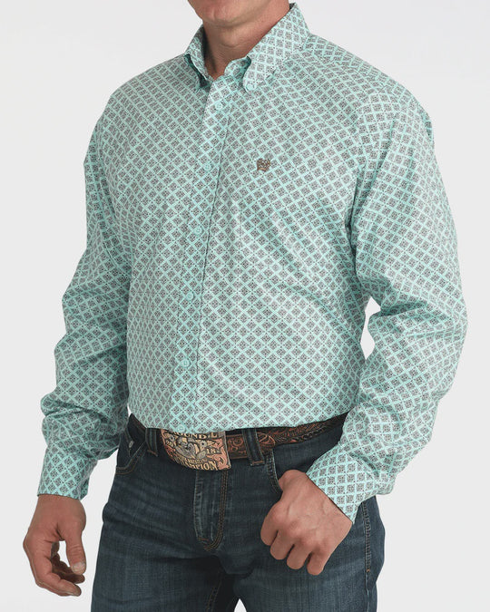 Mens Cinch Stretch Classic Fit Button Down Western Shirt - Mint / Brown