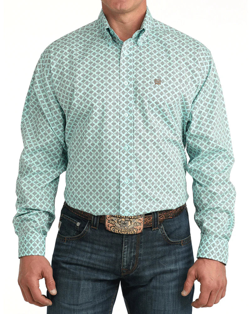 Mens Cinch Stretch Classic Fit Button Down Western Shirt - Mint / Brown