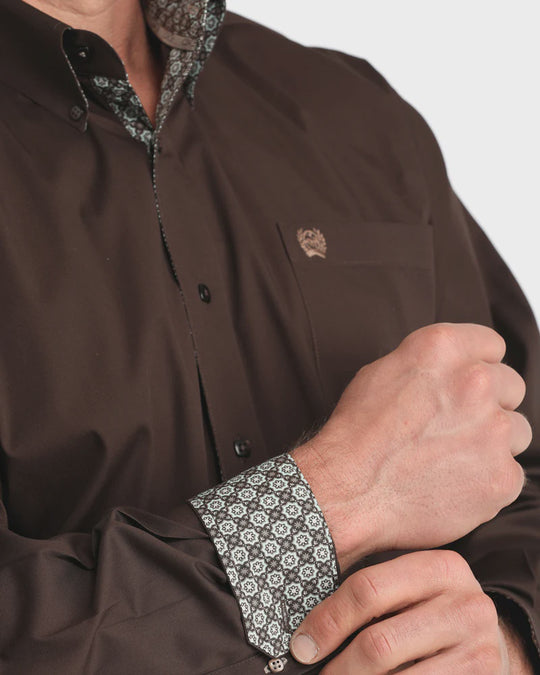 Mens Cinch Stretch Classic Fit Button Down Western Shirt - Chocolate Brown with Contrast cuff