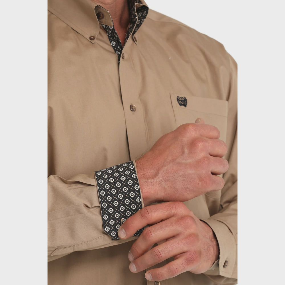 Mens Cinch Classic Fit Solid Khaki Button up Western Shirt - Geo Contrast to collar and cuff