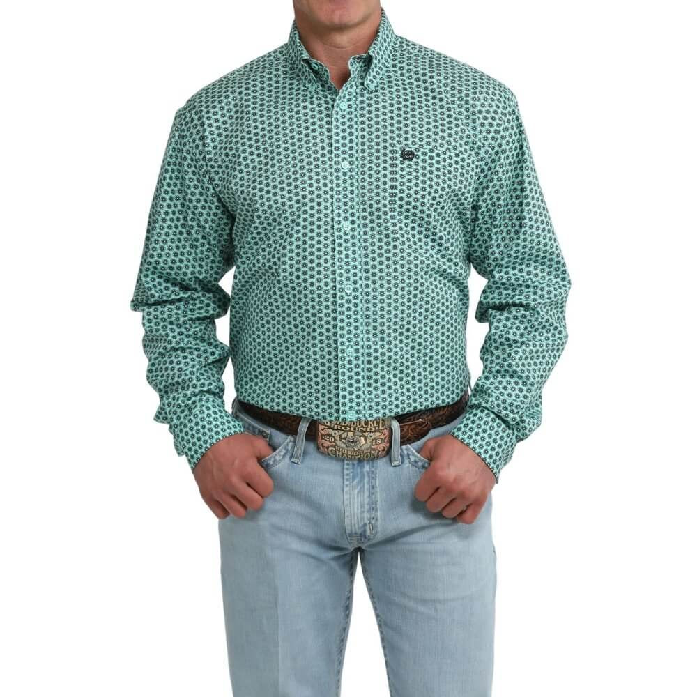 Mens Cinch Patterned Stretch Western Shirt - Turquoise