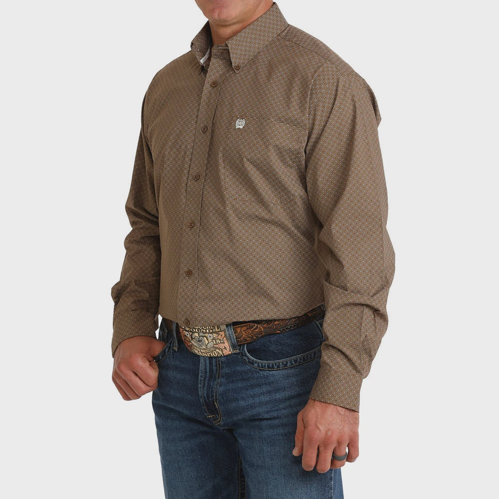 Mens Cinch Geo Patterned Button Down Western Shirt - Brown