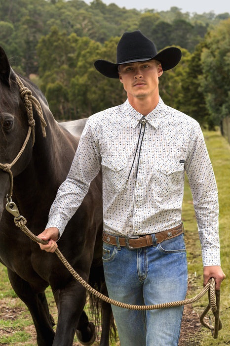 Mens Pure Western Keith Long Sleeve shirt - Navy / Tan