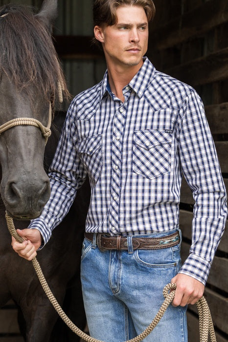 Mens Pure Western George Long Sleeve Shirt - Navy / Tan