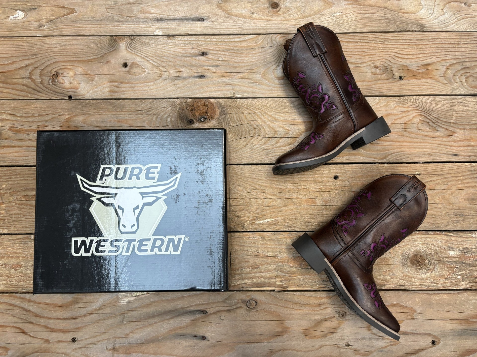 Childrens Pure Western Ottie Boot - Antique Brown / Purple (7146452942925)