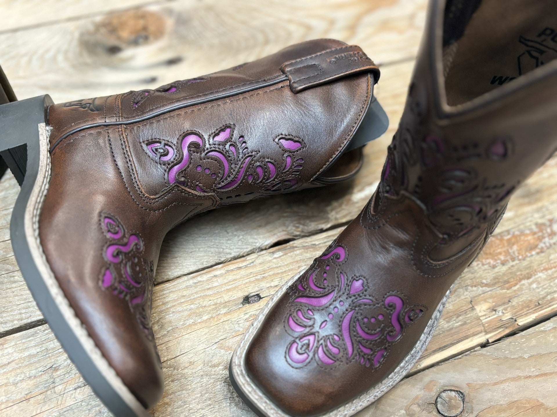 Childrens Pure Western Ottie Boot - Antique Brown / Purple (7146452942925)
