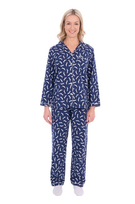 Womens Thomas Cook Flannelette Dachshund Pyjamas PJs - Navy / White
