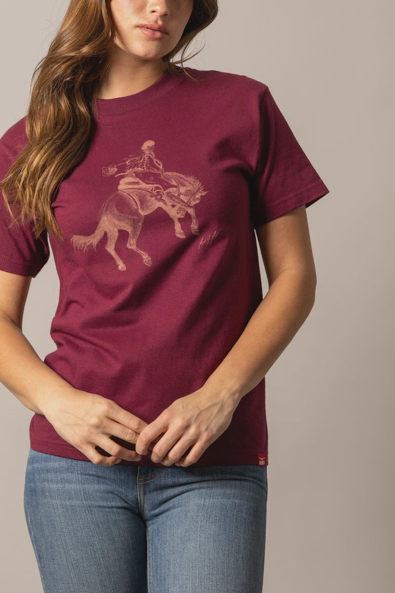 Womens Kimes Ranch Randy Bucking Away Tee Tshirt - Burgundy