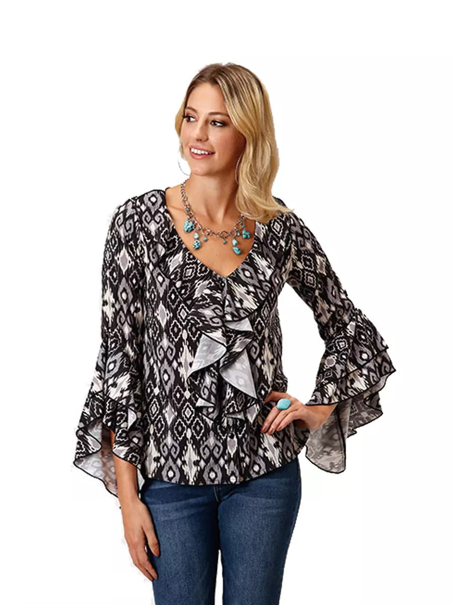 Womens Roper Studio West Print Black Blouse (6916197384269)