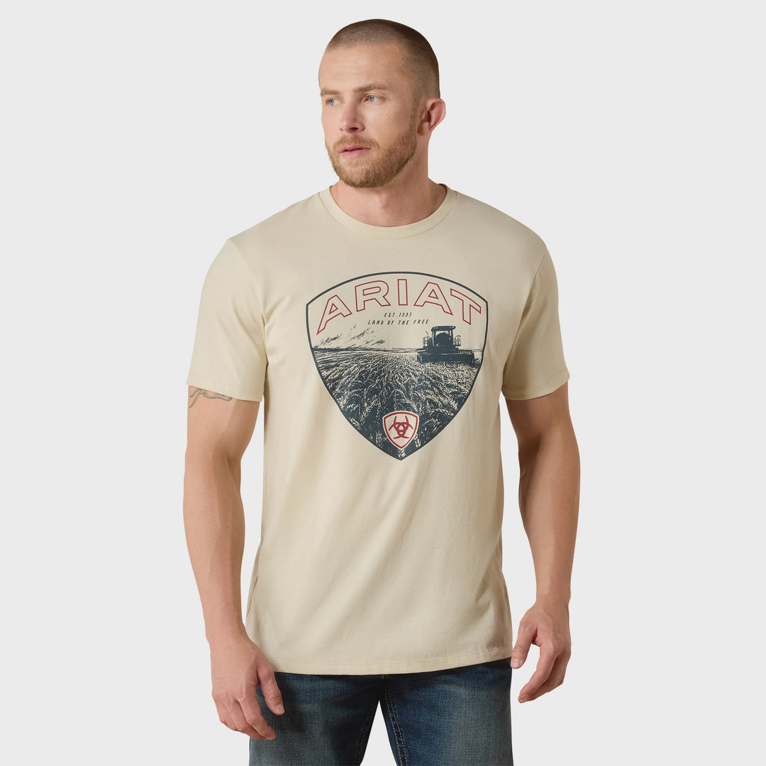Mens Ariat Land of the Free Farm Shield Tee Tshirt - Natural