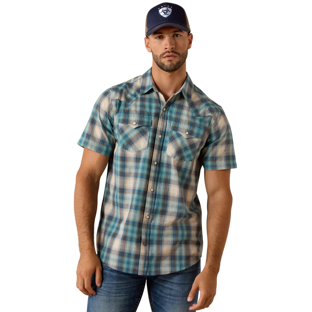Mens Ariat Retro Halden Fitted Snap Short Sleeve Shirt - Teal Plaid