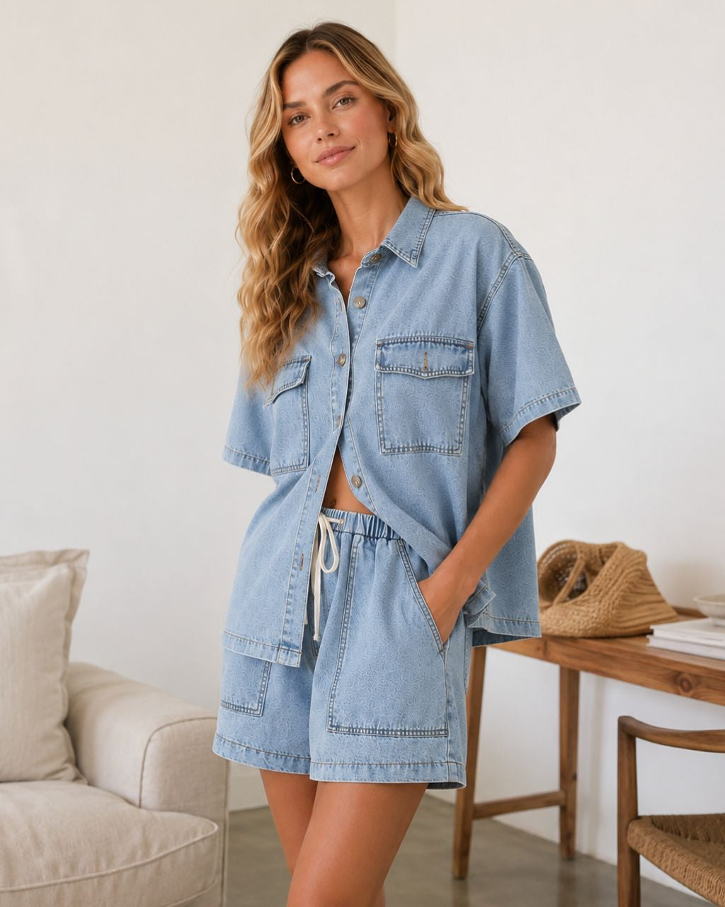 Womens Two Piece Denim Set Shirt+Shorts - Light or Dark Summer 26