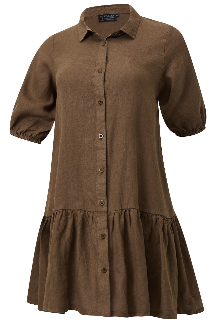 Womens Pilbara Collection Monica Linen 3/4 Sleeve Dress - Brown / Blue / Pink / Rust