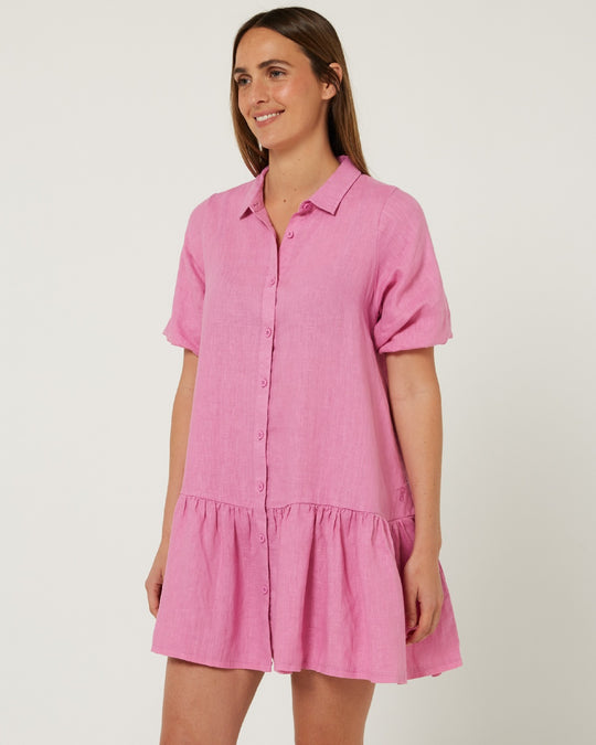 Womens Pilbara Collection Monica Linen 3/4 Sleeve Dress - Brown / Blue / Pink / Rust