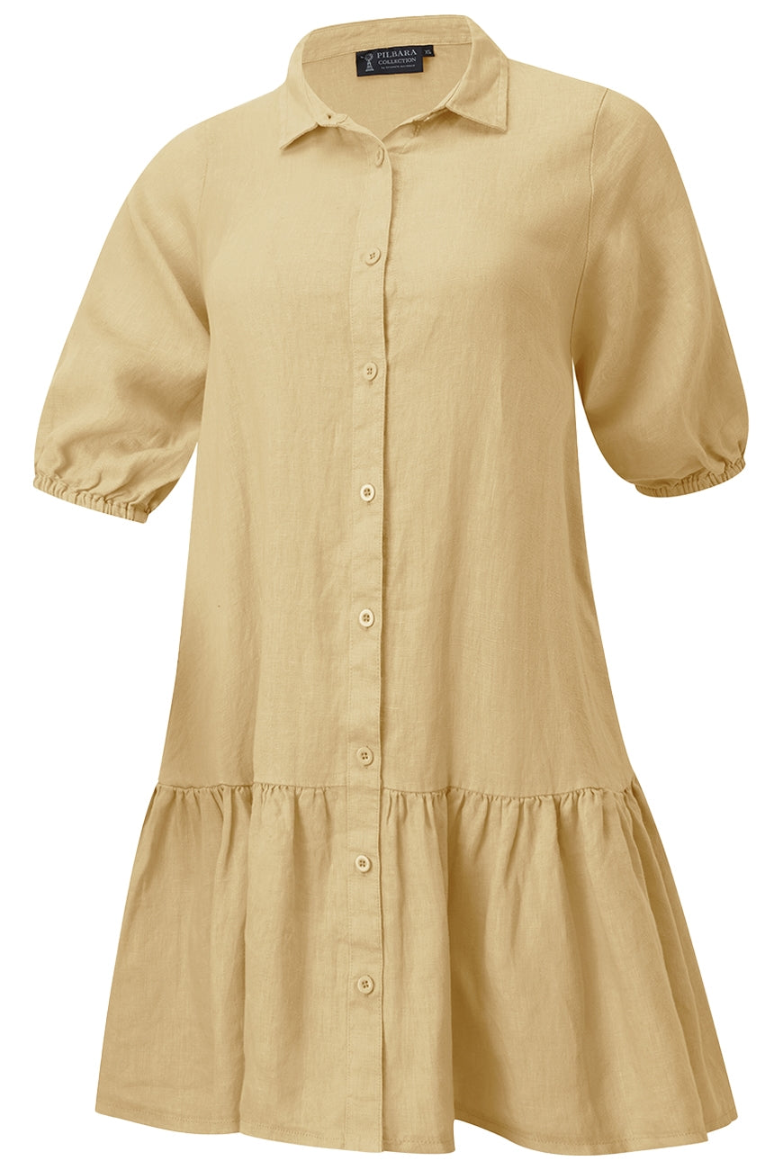 Womens Pilbara Collection Monica Linen 3/4 Sleeve Dress - Brown / Blue / Pink / Rust
