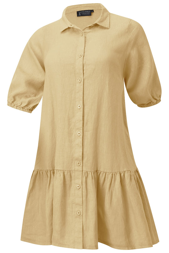 Womens Pilbara Collection Monica Linen 3/4 Sleeve Dress - Brown / Blue / Pink / Rust