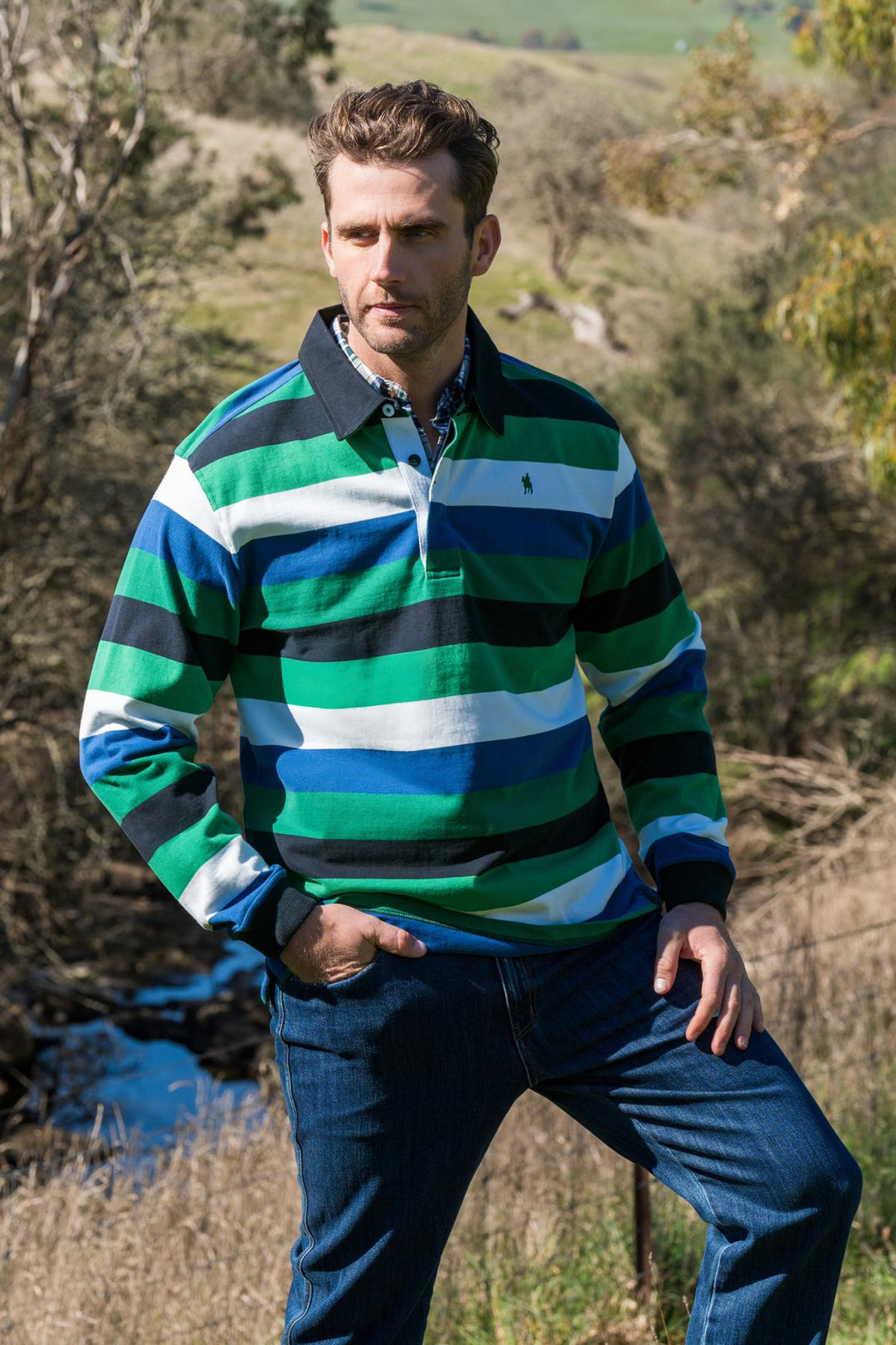 Mens Thomas Cook Gary Striped Rugby Shirt Jumper - Blue / Green