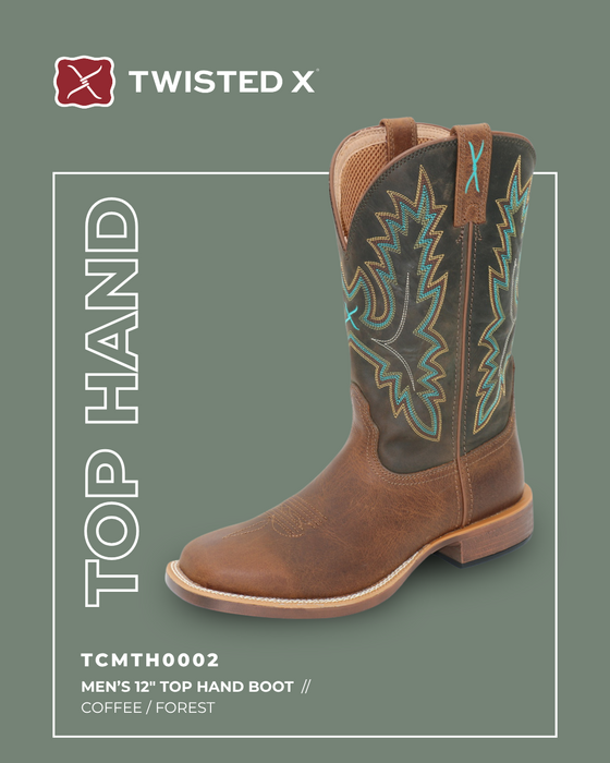 Mens Twisted X 12" Top Hand Western Boot - Coffee / Forest