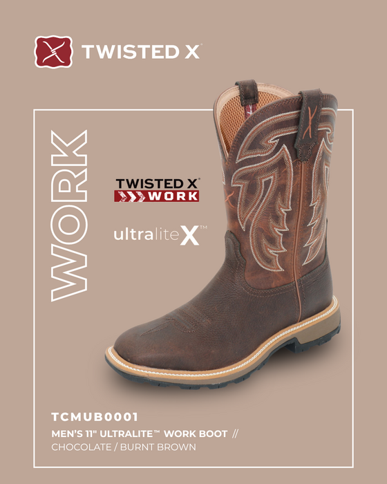 Mens Twisted X 11" Ultralite Work Boot - Chocolate / Burn