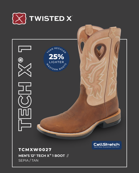 Mens Twisted X 12" Tech X1 Western Boot - Sepia / Tan