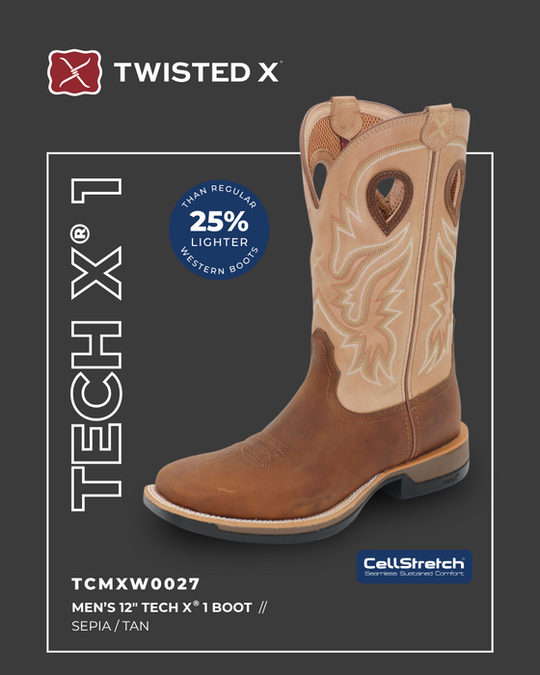 Mens Twisted X 12" Tech X1 Western Boot - Sepia / Tan