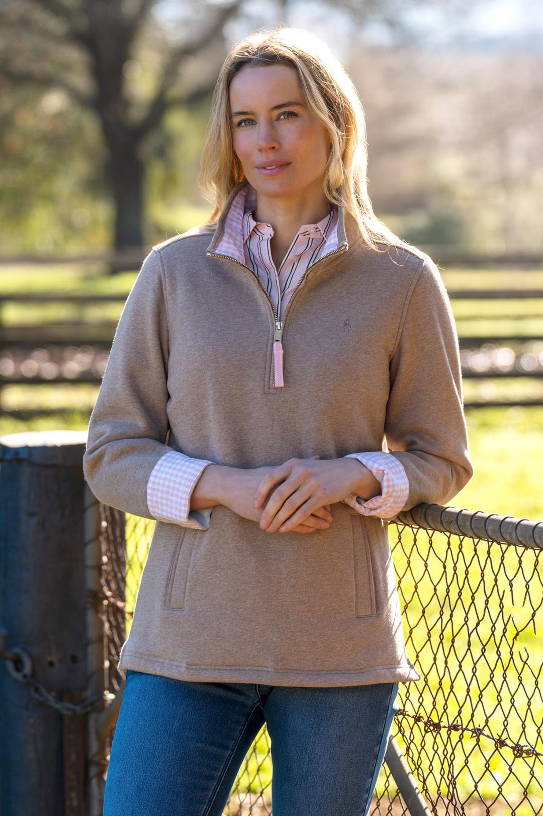 Womens Thomas Cook Lydia 1/4 Zip Rugby Shirt Jumper - Taupe Marle / Baby Pink