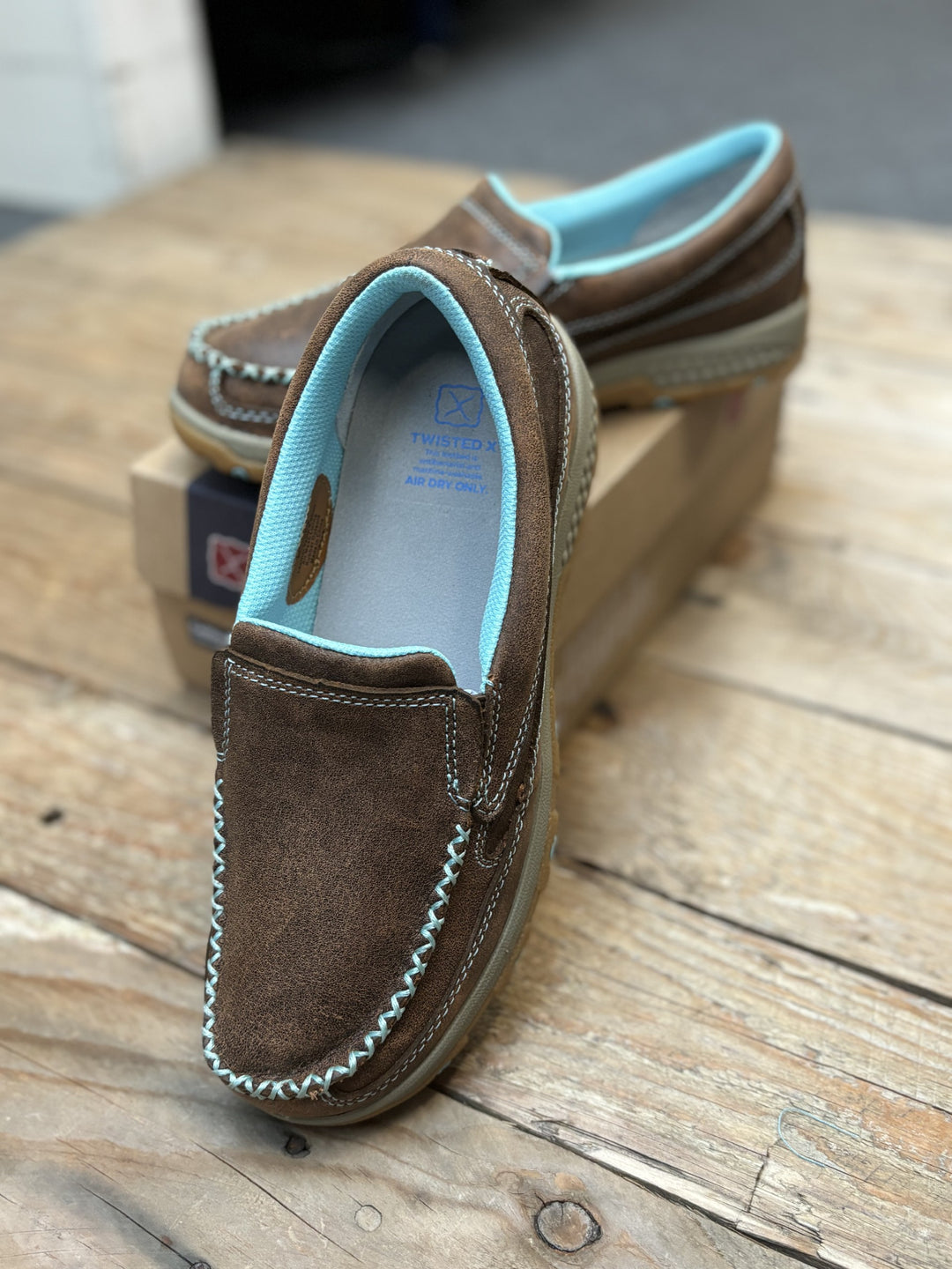 Womens Twisted X Aqua Cellstretch Slip on Moc - Brown / Aqua (7229070540877)