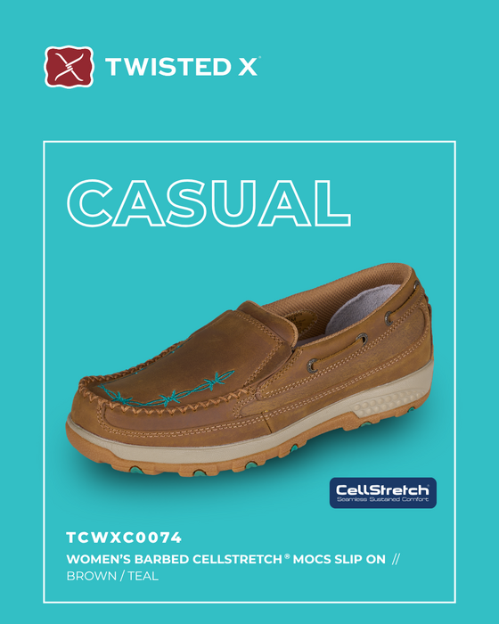 Womens Twisted X Barbed Cell Stretch Slip on Moc Shoe - Brown / Teal