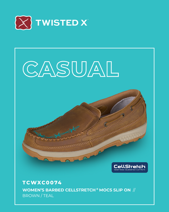 Womens Twisted X Barbed Cell Stretch Slip on Moc Shoe - Brown / Teal