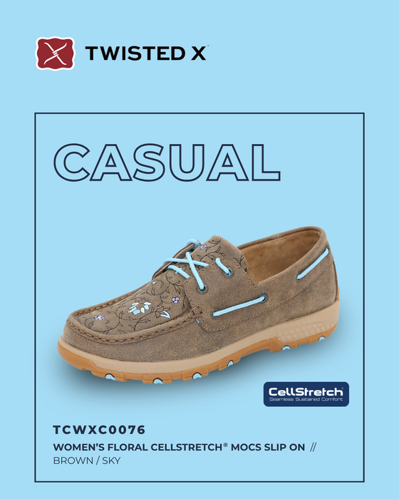 Womens Twisted X Floral Cell Stretch Lace up  Moc Shoe - Brown / Sky