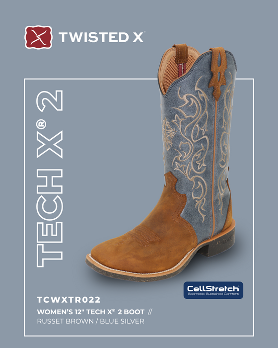 Womens Twisted X 12" Tech X2 Western Boot - Russet Brown / Blue