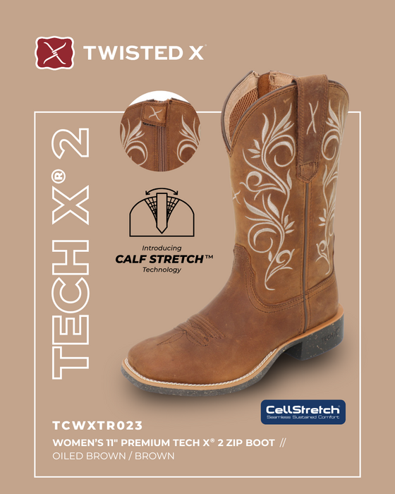 Womens Twisted X 11" Tech X2 Zip Side Western Boot - Oiled Brown
