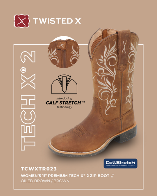 Womens Twisted X 11" Tech X2 Zip Side Western Boot - Oiled Brown
