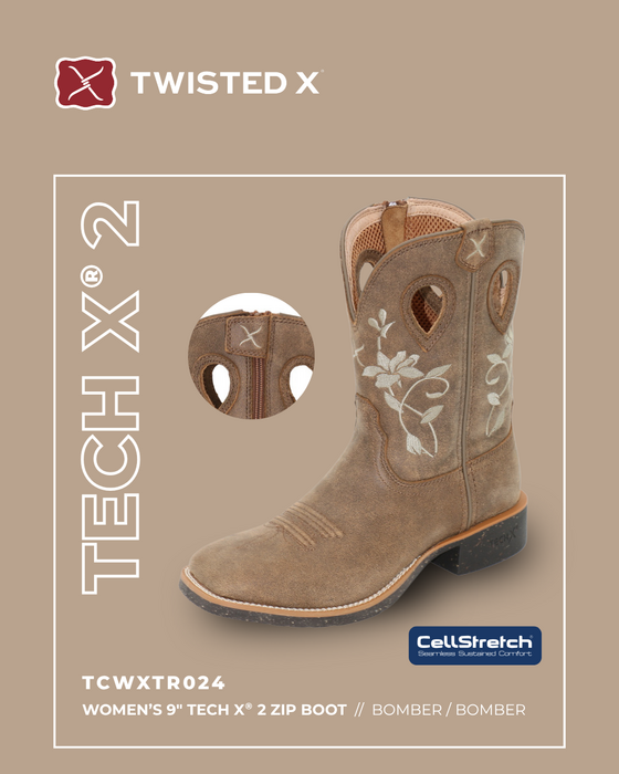 Womens Twisted X 9" Tech X2 Western Zip Side Boot - Bomber/ Bomber