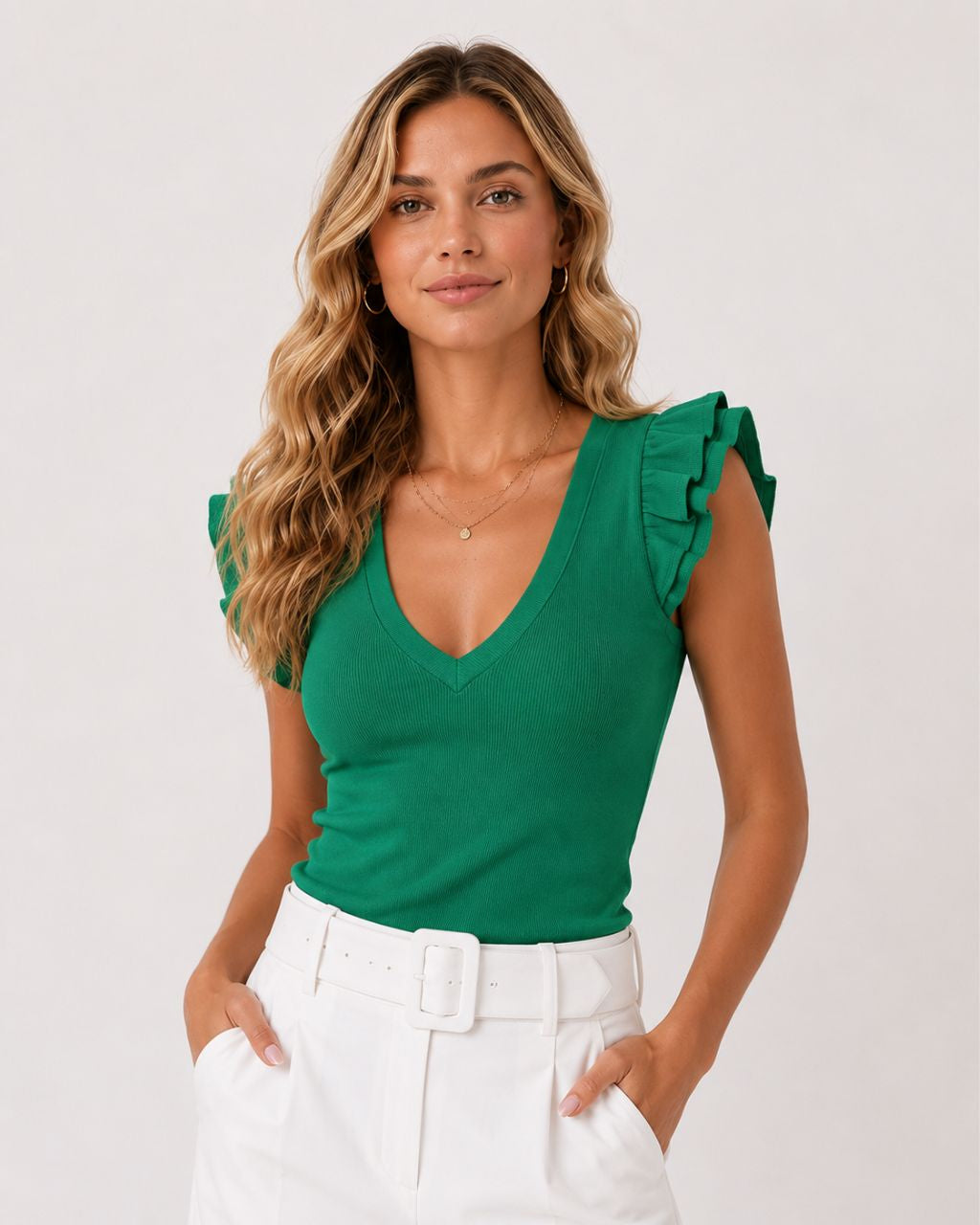 Womens Reba Frill Sleeve Top - Emerald Green