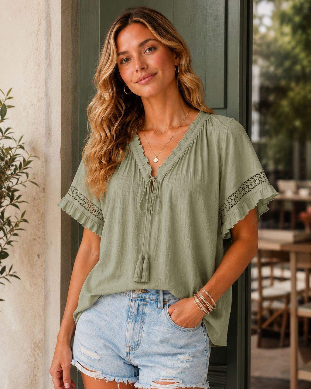 Womens Sara Lace Trim Ruffle Blouse Top - Sage Green