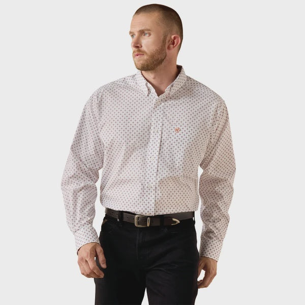 Mens Ariat Wrinkle Free Landry Classic Fit Long Sleeve Shirt - White Geo Print