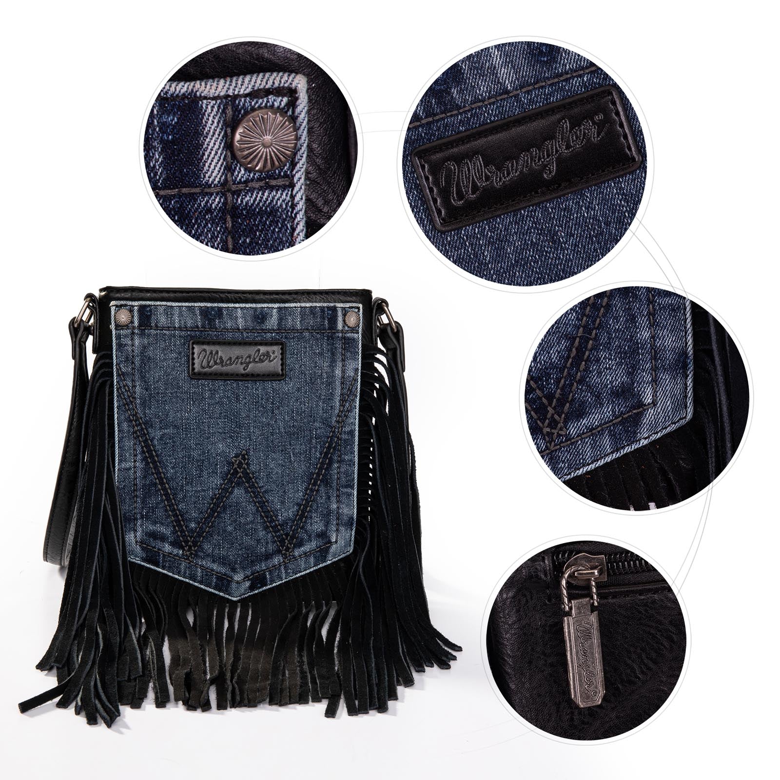 A Wrangler Leather Fringe Denim Pocket Crossbody Bag - Black (6969633603661)