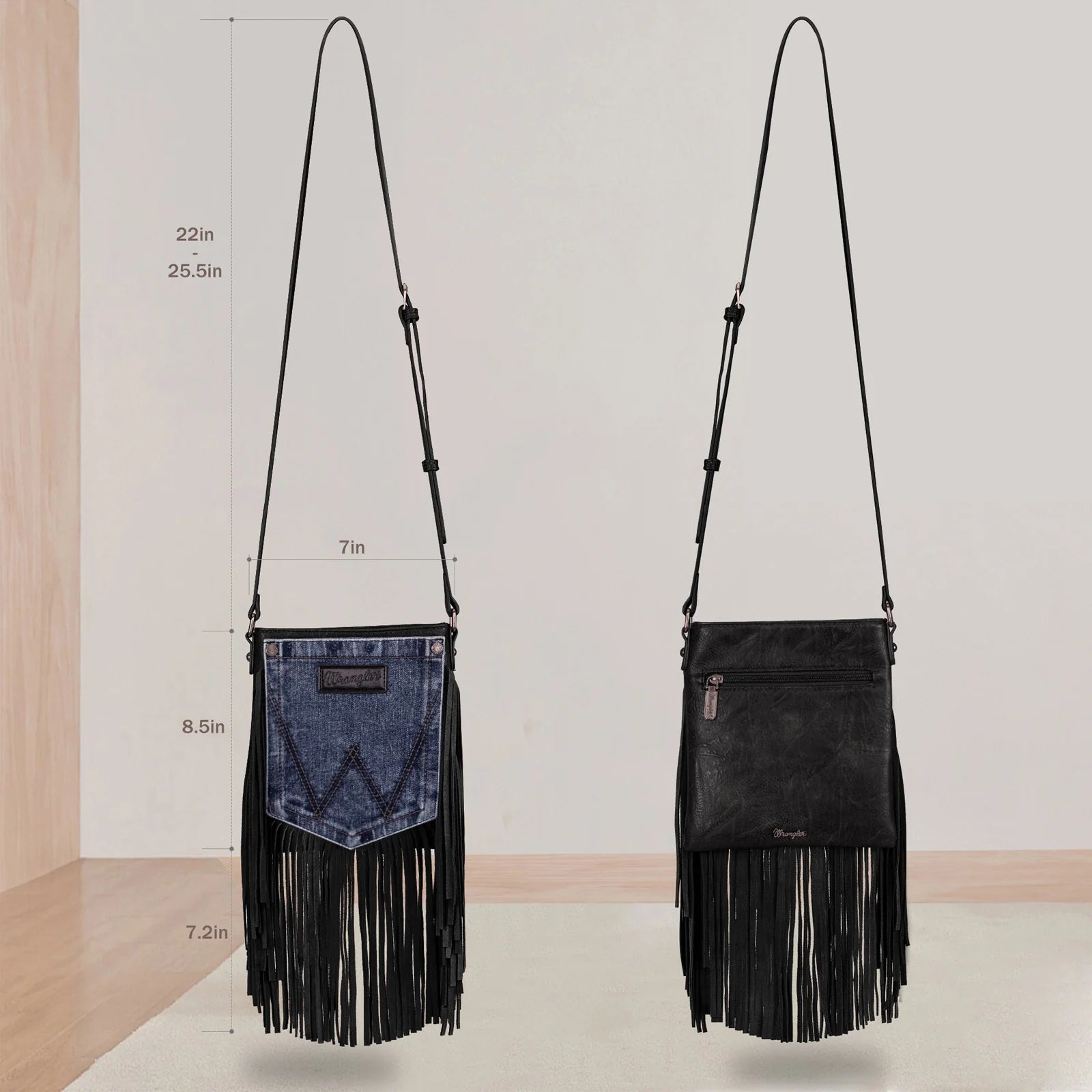A Wrangler Leather Fringe Denim Pocket Crossbody Bag - Black (6969633603661)