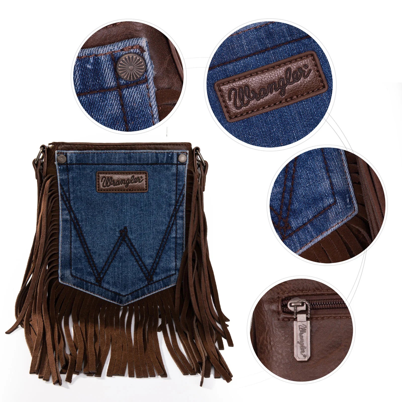 Wrangler Leather Fringe Denim Pocket Crossbody Bag - Coffee (6969633636429)