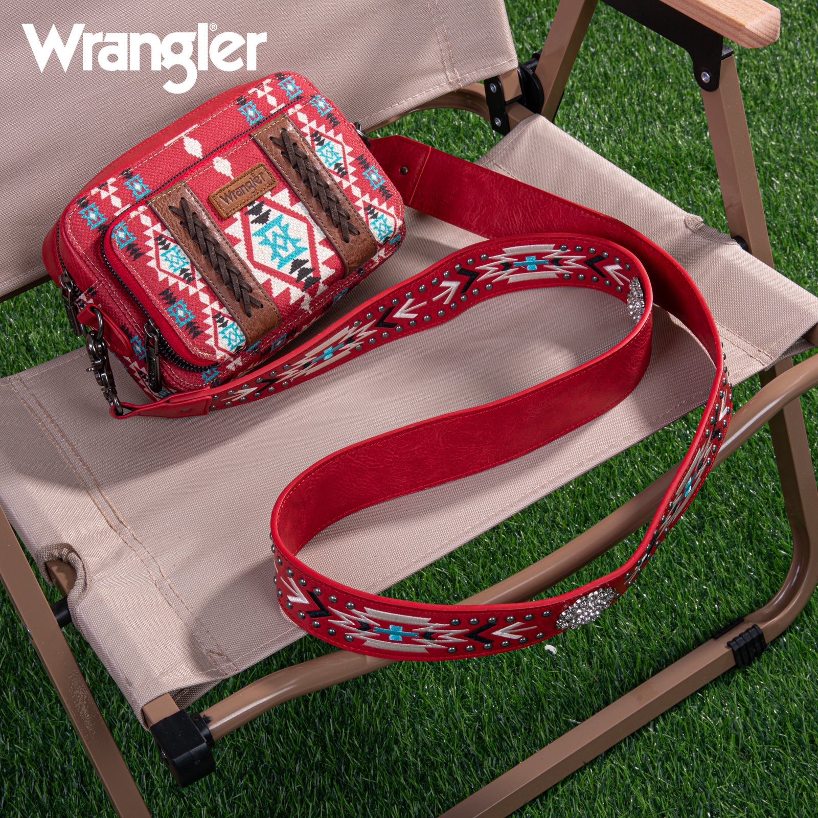 Wrangler Aztec South West Printed Crossbody Purse with Wallet Component - Red (7349425471565)