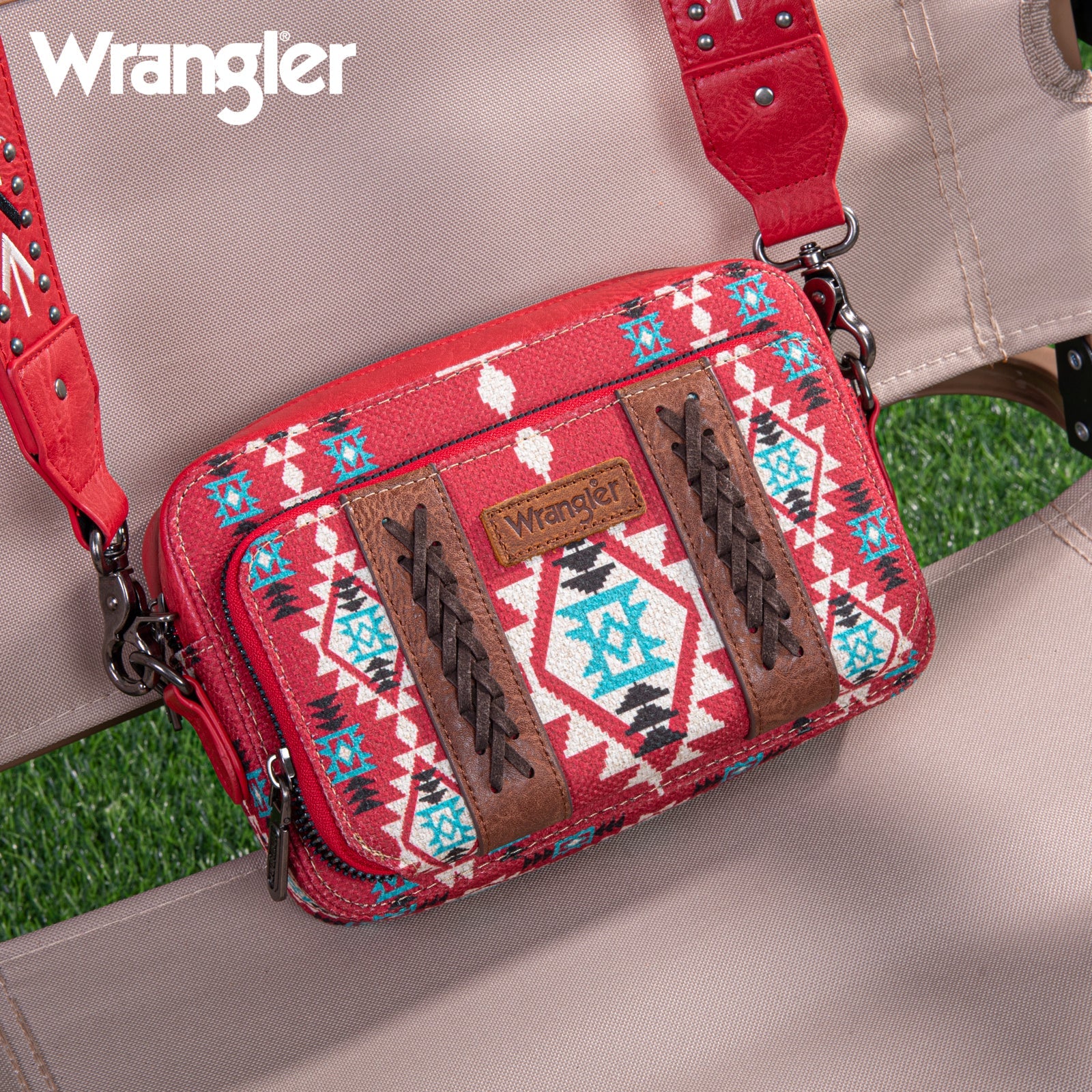 Wrangler Aztec South West Printed Crossbody Purse with Wallet Component - Red (7349425471565)