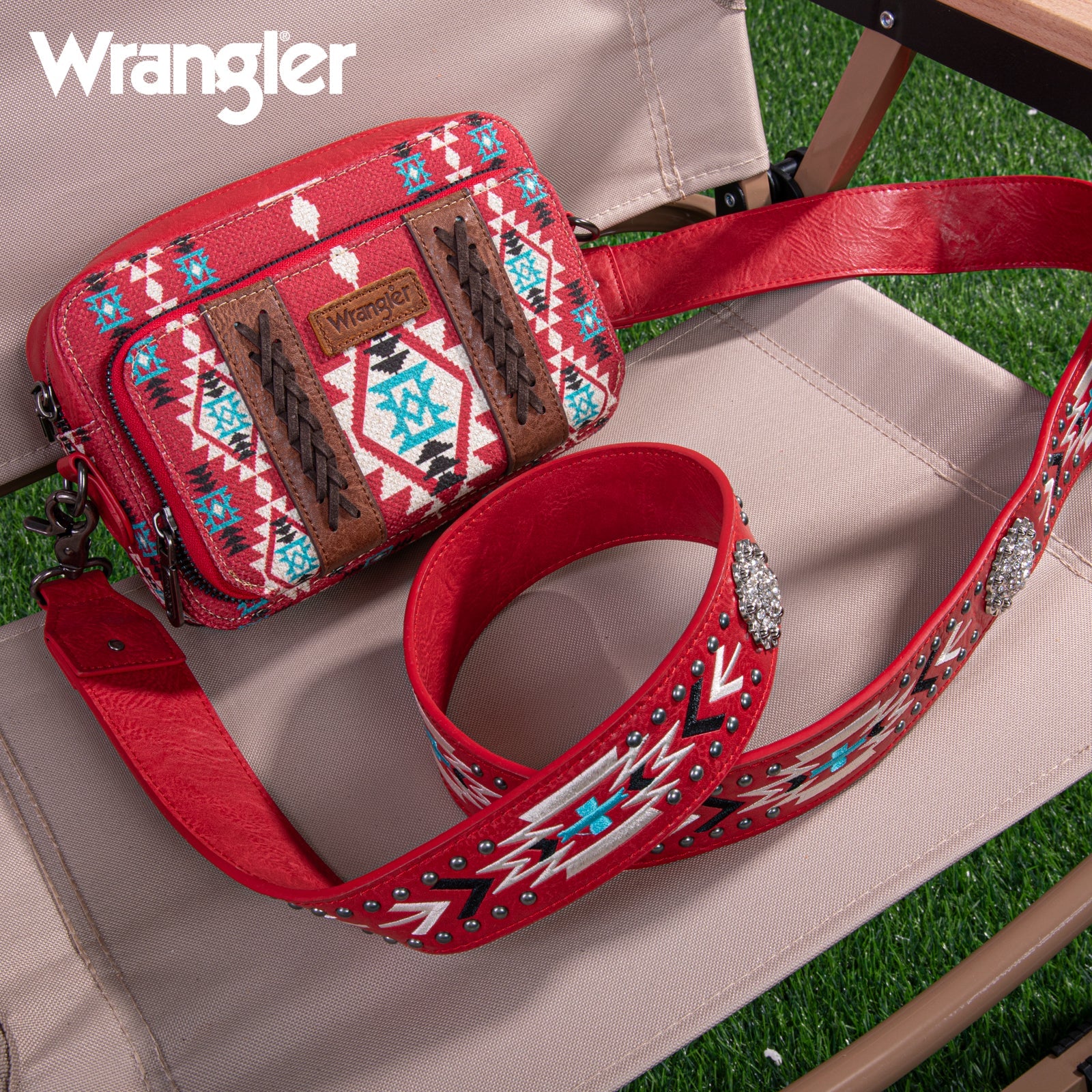 Wrangler Aztec South West Printed Crossbody Purse with Wallet Component - Red (7349425471565)