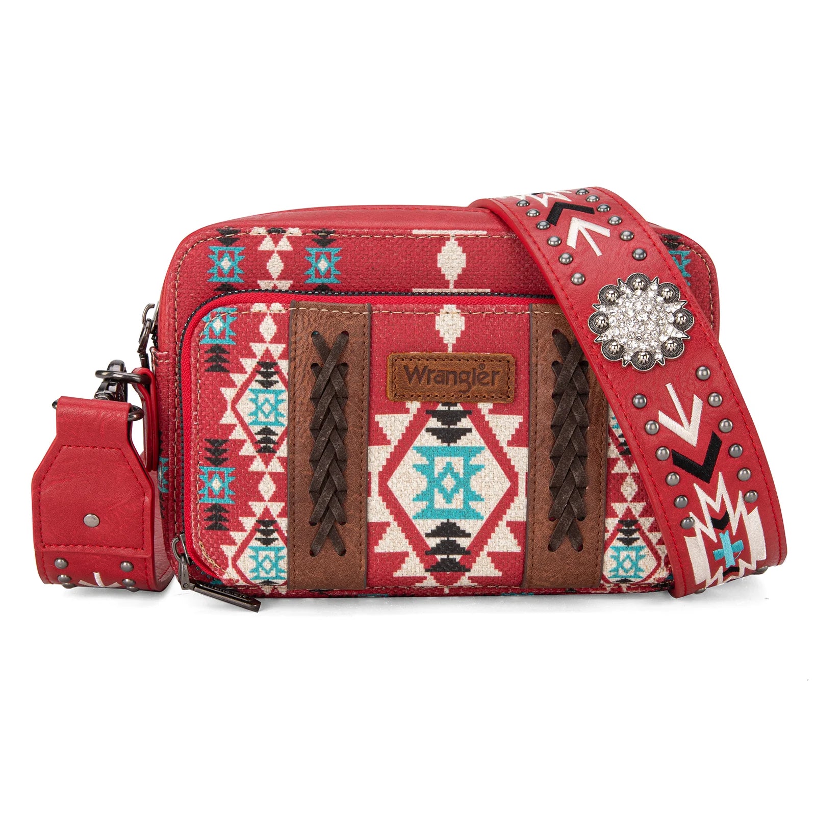 Wrangler Aztec South West Printed Crossbody Purse with Wallet Component - Red (7349425471565)