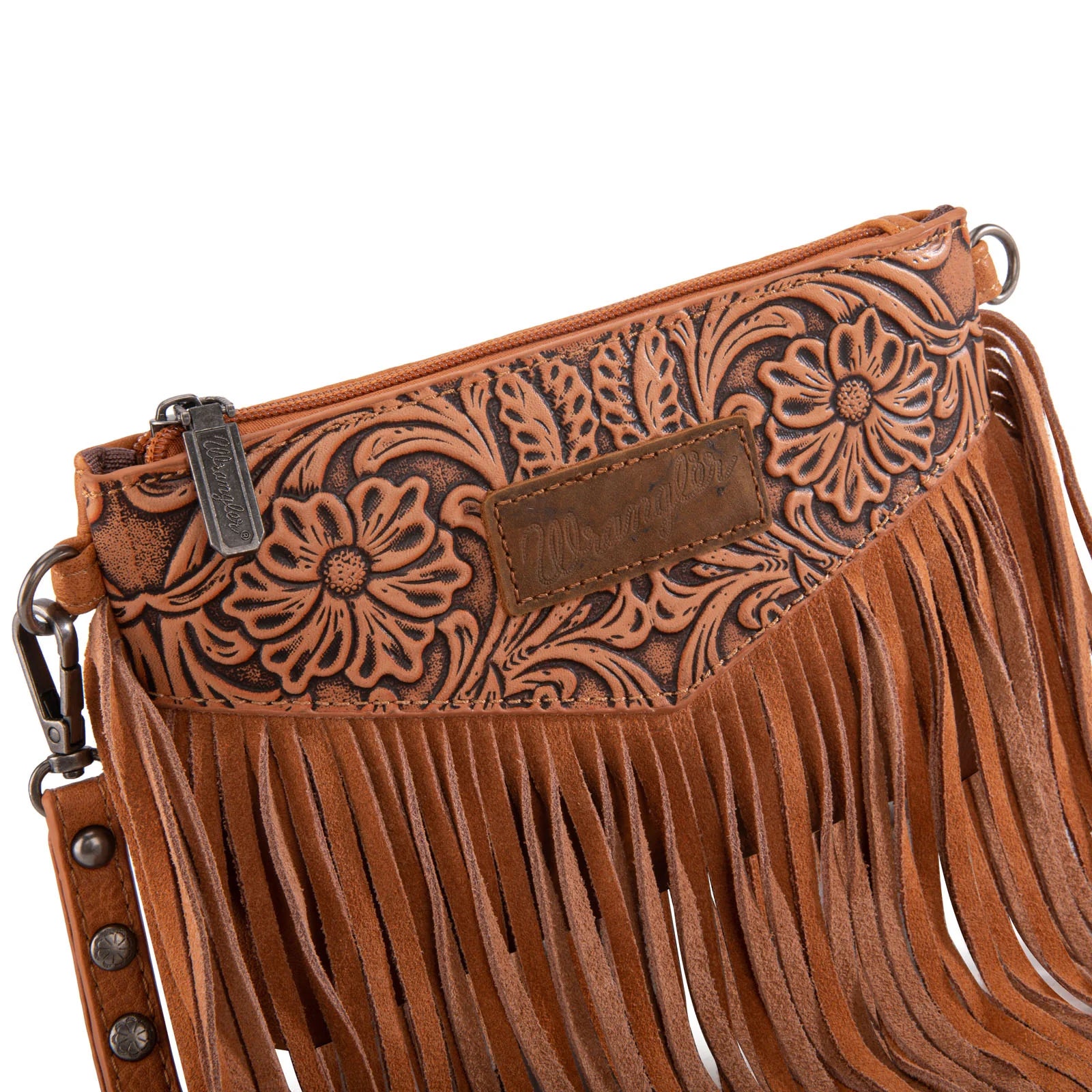 Wrangler Vintage Floral Tooled Collection Fringe Wristlet / Crossbody Bag - Light Brown (6969635373133)