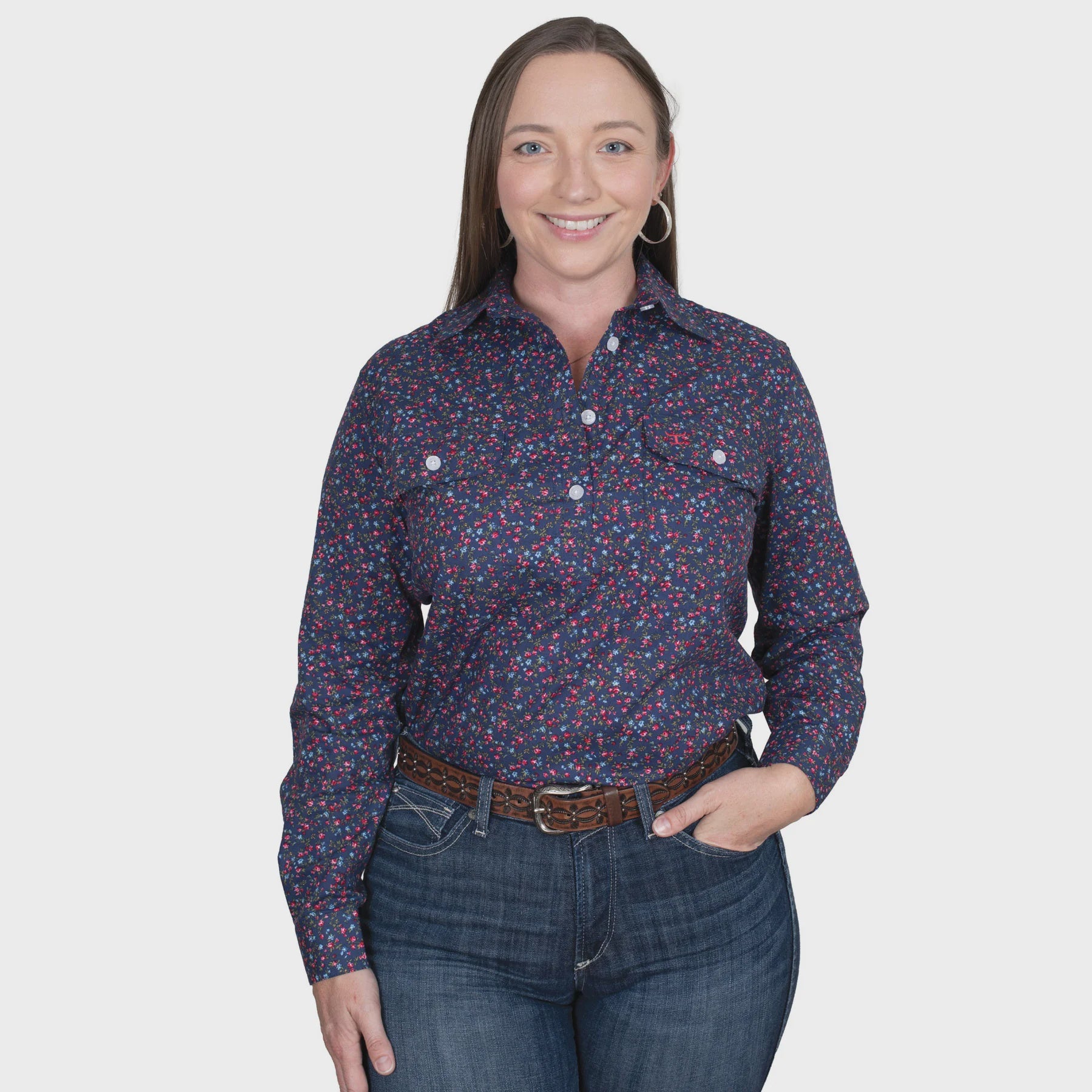 Womens Just Country Georgie Half Button Print Workshirt - Navy Roses (7502333083725)