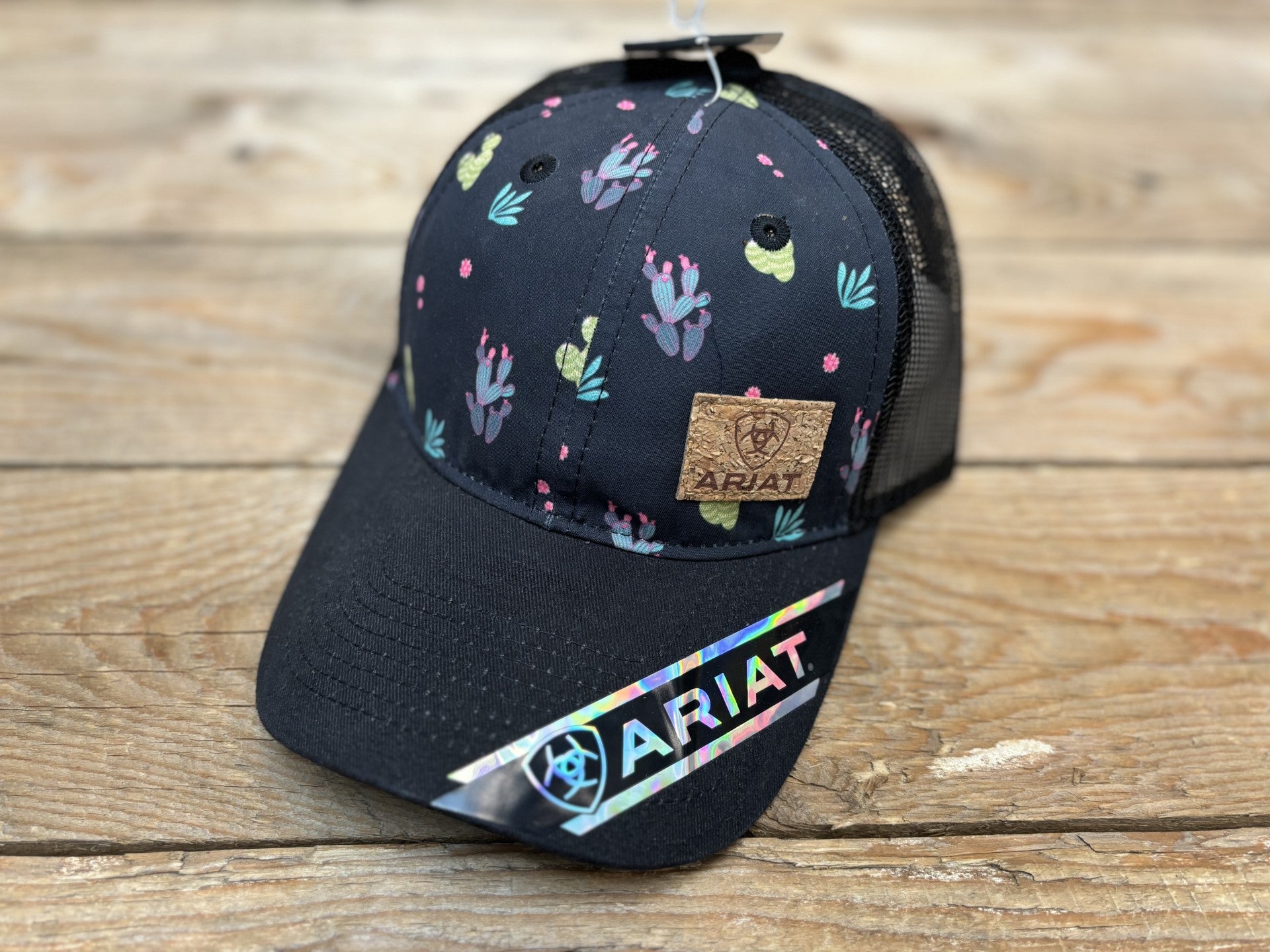 thumbnail image 2 of Ariat Women's Cactus Print Cap - Faux Leather Patch, Mesh Back, Adjustable Snapback, White/Navy 2 of 6
